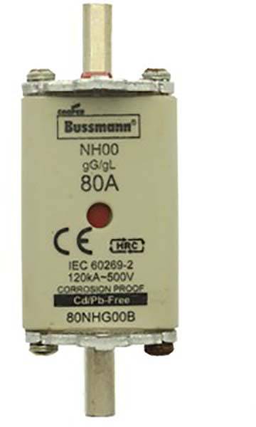 Pojistka s nápisem 'Bussmann NH00 80A'. Specifikace: IEC 60269-2, 120kA-500V. Environmentální údaj: Bez obsahu kadmia a olova.
