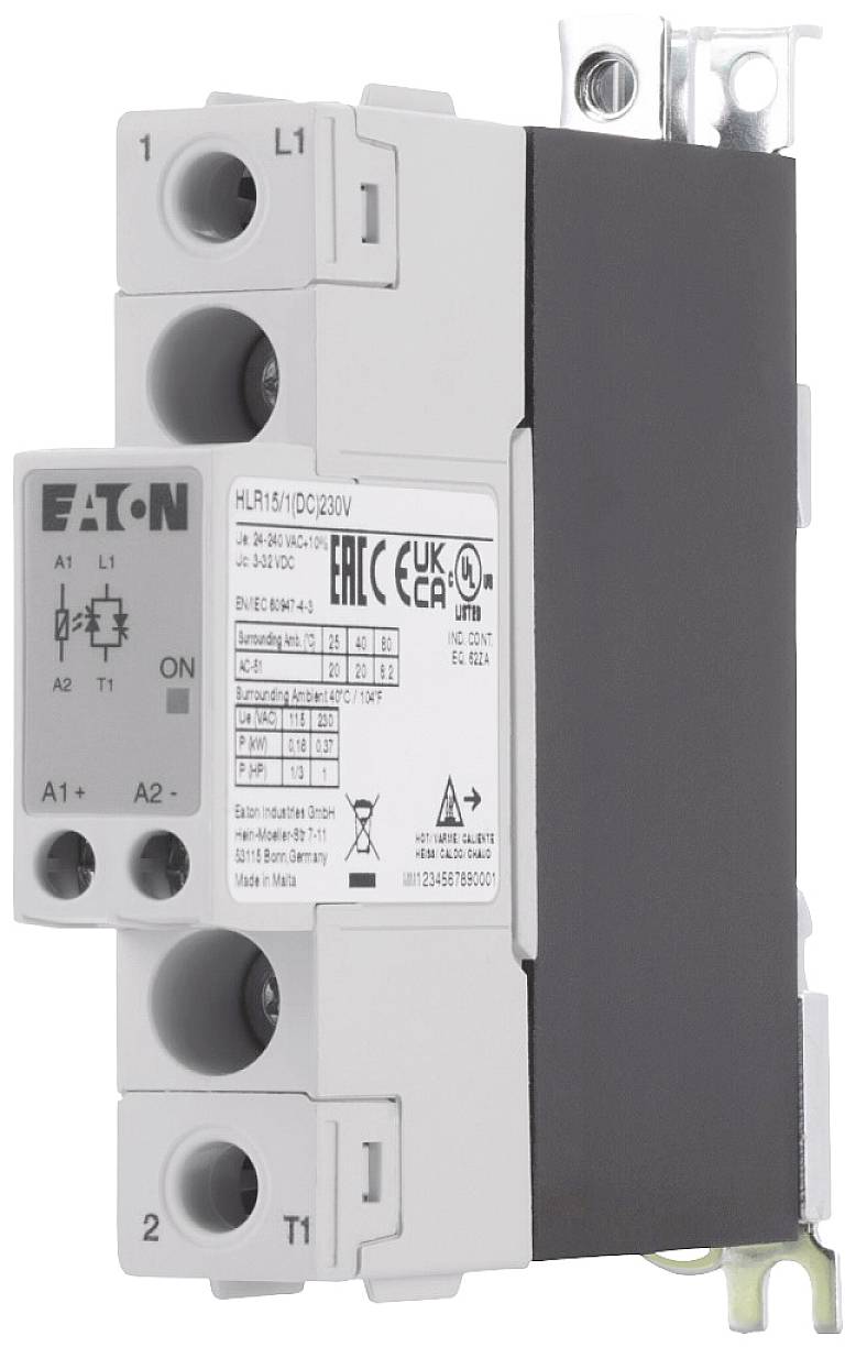 Elektrické stykač společnosti Eaton, model MLR15, s technickými specifikacemi a certifikačními označeními na přední straně.