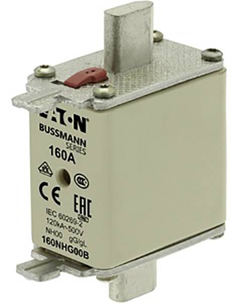 Pojistka značky Eaton, série Bussmann, jmenovitý proud 160A, IEC 60269-2, 120kA, 500V, typ NH00 gG/gL.