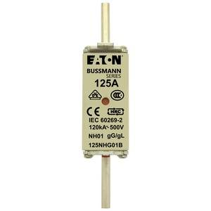 Pojistková vložka Eaton Bussmann Series, 125A, 120kA-500V; identifikace zařízení a elektrické parametry jsou viditelné.