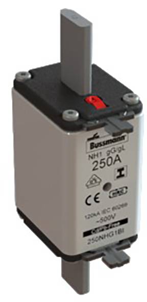Pojistka NH se štítkem „Bussmann, NH1 250A 500V". Je stříbrné barvy s černým a červeným značením.