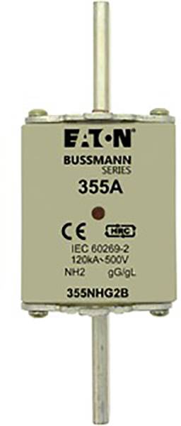 Pojistka značky Eaton, model 355A, s technickými specifikacemi: 120kA/500V, typ NH2, certifikováno CE.