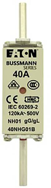 Pojistková vložka, 40 A, s nápisem 'Eaton Bussmann Series', vhodná pro 500 V a 120 kA. Standardní symboly a produktový kód vytištěny.