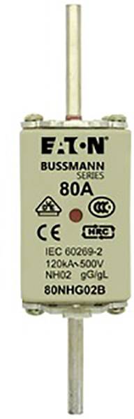 Pojistka Eaton Bussmann Series, 80A, s certifikací CE a RoHS, model 80NHG02B, pro 500V, podle normy IEC 60269-2.