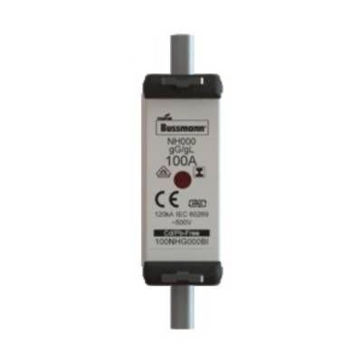 Elektrická nožová pojistka NH s jmenovitým proudem 100A, značka Bussmann. Testováno podle normy IEC 60269, vhodné pro 500V.