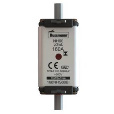 Elektrická pojistka NH od společnosti Bussmann, typ NH00 gG/gL, s jmenovitým proudem 160A a 500V, podle normy IEC 60269-2.