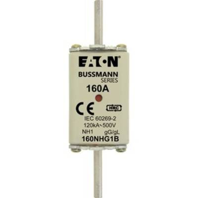 Elektrická pojistka značky 'Eaton Bussmann Series' o hodnotě 160A, vhodná pro 120kA-500V, typ NH1 gG/gL, podle normy IEC 60269-2.