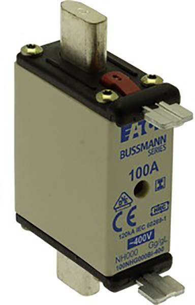 Pojistka značky Eaton, série Bussmann, s označením '100A', napětí 400V. Obsahuje CE označení.
