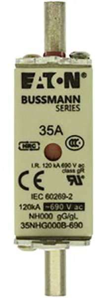 Pojistka Bussmann série od Eatonu, 35A, NH000, 690V AC/DC, s CE označením a standardem IEC 60269-2.