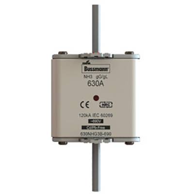 Pojistka značky Bussmann, typ NH3 gG/gL, 630A, s hodnotou 120kA podle IEC 60269, s vyznačením CE a RoHS.