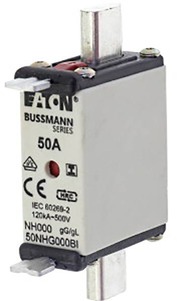 Elektrický pojistkový odpínač NH, 50 ampérů, značka Eaton Bussmann Series, norma IEC 60269-2, vhodný pro 500 voltů.