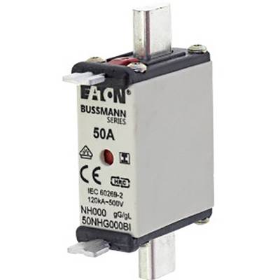 Elektrický pojistkový odpínač NH, 50 ampérů, značka Eaton Bussmann Series, norma IEC 60269-2, vhodný pro 500 voltů.