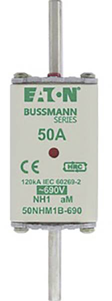 Pojistka značky EATON Bussmann Series, 50 ampérů, 690 voltů, model NH1, zobrazená ve svislé poloze.