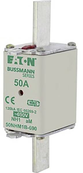 Pojistka značky Eaton Bussmann, série NH1, 50 ampérů, 690 voltů.