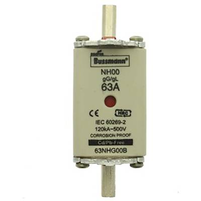 Pojistka NH00 gG/gL 63A, značka Bussmann, certifikace CE, IEC 60269-2, 120kA-500V, bez kadmia a olova, katalogové číslo 63NHG00B.