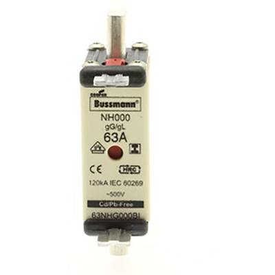 Elektrická pojistka Bussmann, model NH000, s jmenovitým proudem 63A a jmenovitým napětím 500V.