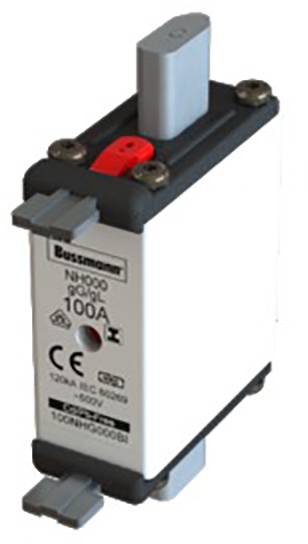 Pojistka NH s označením 'NH000 velikost 100A' a specifikacemi '500V, 120kA' od výrobce Bussmann.