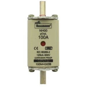 Pojistka NH 100A s označením proudové hodnoty a norem. Zobrazuje model NH00 od Bussmanna, vhodný pro 120kA~500V.