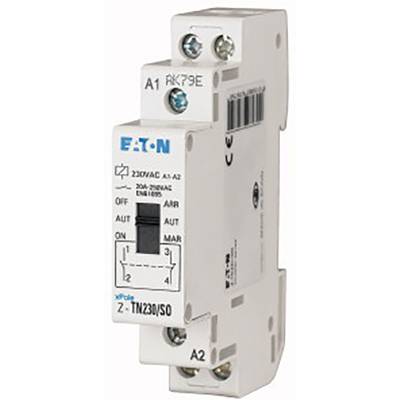 Bílé elektromechanické relé značky Eaton, model 'Z-TN230/SO', vhodné pro 230V AC. Čtvercový tvar s připojovacími svorkami nahoře a dole.