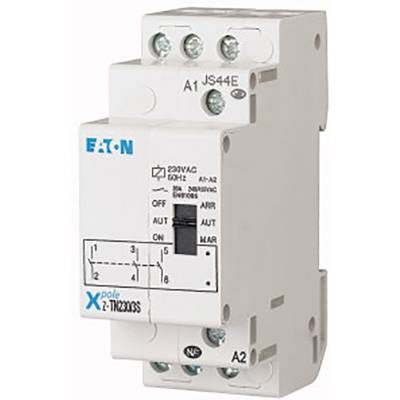 Bílý elektrický spínač od společnosti Eaton s nápisem '230VAC 50Hz' a popisem poloh: 'ZAP', 'VYP', 'ARR', 'AUT'.