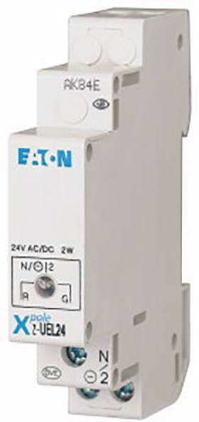 Bílé, obdélníkové elektrické relé s modrými a černými značkami. Nahoře nápis 'EATON', níže '24V AC/DC 2W' a číslo modelu.