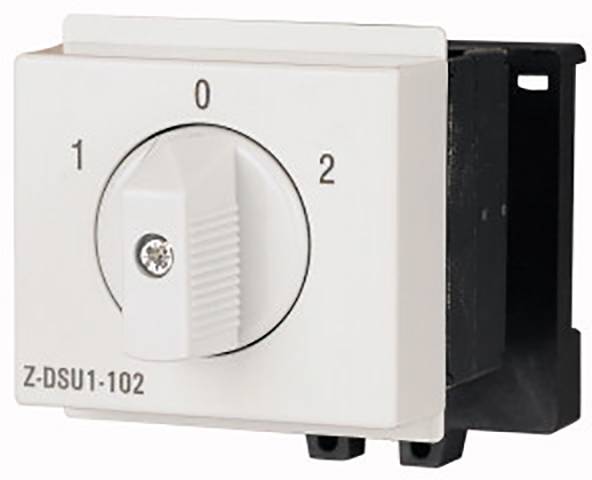 Bílý otočný spínač s popiskami '0', '1' a '2'. Modelové číslo na straně je 'Z-DSU1-102'. Spínač je v prostřední poloze '0'.