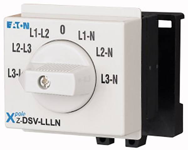 Elektrický otočný přepínač od firmy Eaton s označenými svorkami: L1-L2, L2-L3, L3-L1, L1-N, L2-N, L3-N.