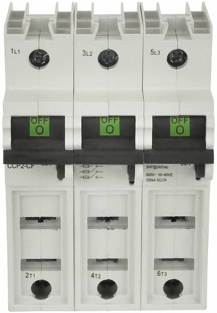 Třípólový výkonový spínač s označením 'OFF' v každém pólu, používaný pro ovládání a zabezpečení elektrických obvodů.