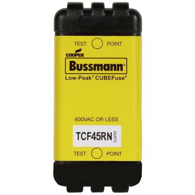 Žlutá pojistka Cooper Bussmann CUBEFuse, model TCF45RN, pro 600VAC nebo méně. Text 'Low-Peak' a 'TEST POINT' na obou stranách.