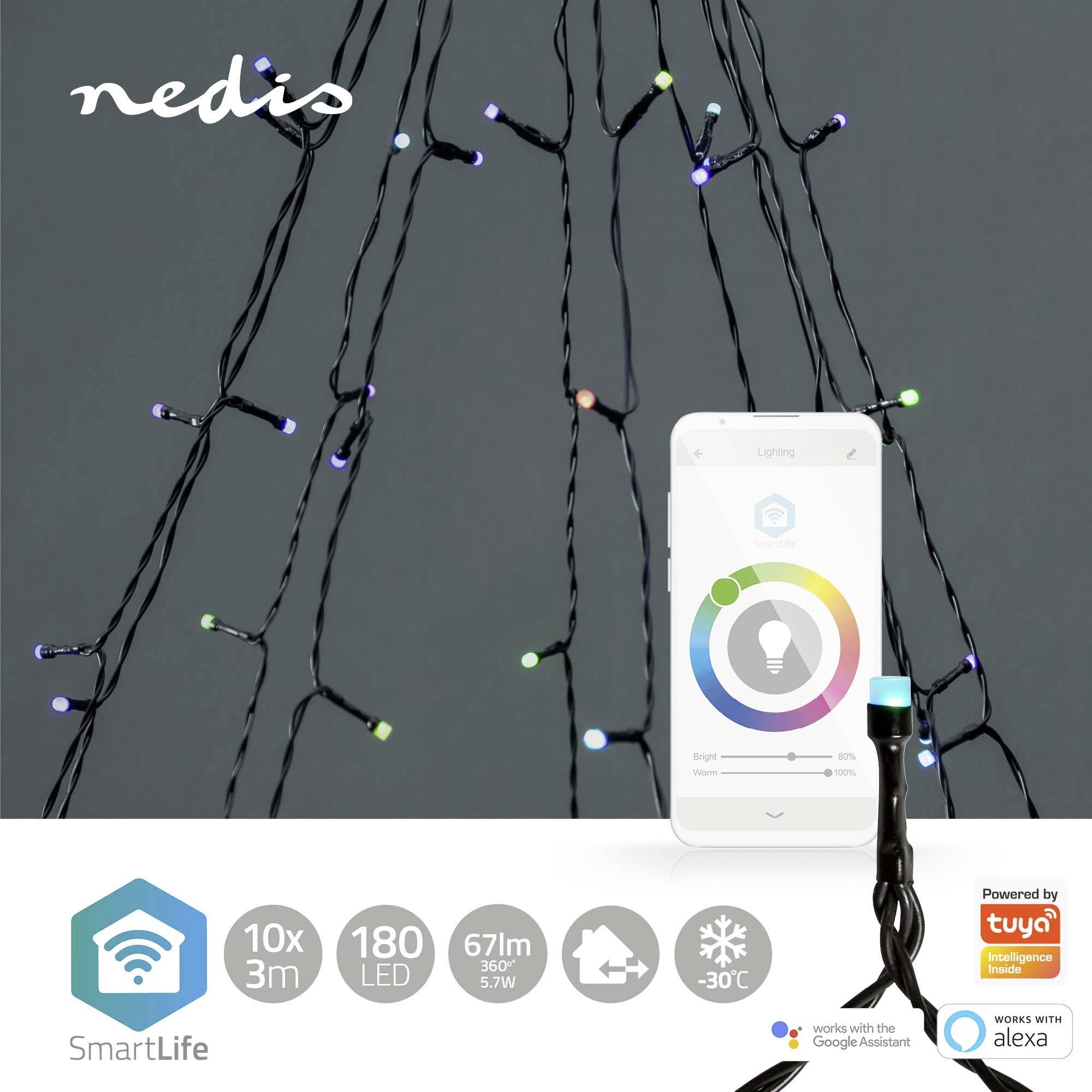 LED světelný řetěz SmartLife o délce 10 m s ovládáním přes aplikaci, kompatibilní s Alexou a Google Assistantem, s krytím IP44 vhodný pro venkovní použití.