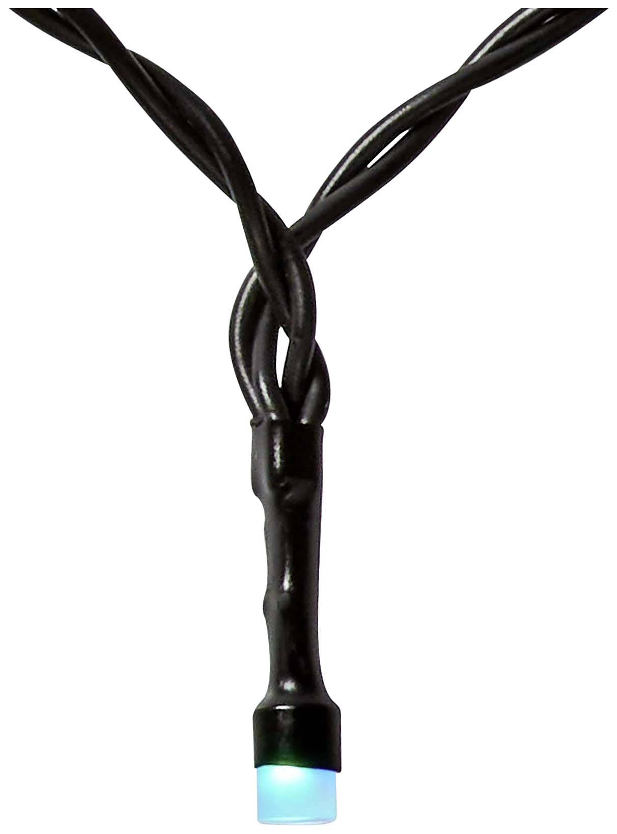 Zářící modrý LED světelný uzel s tmavě zapojeným pozadím, typický pro dekorativní osvětlení.