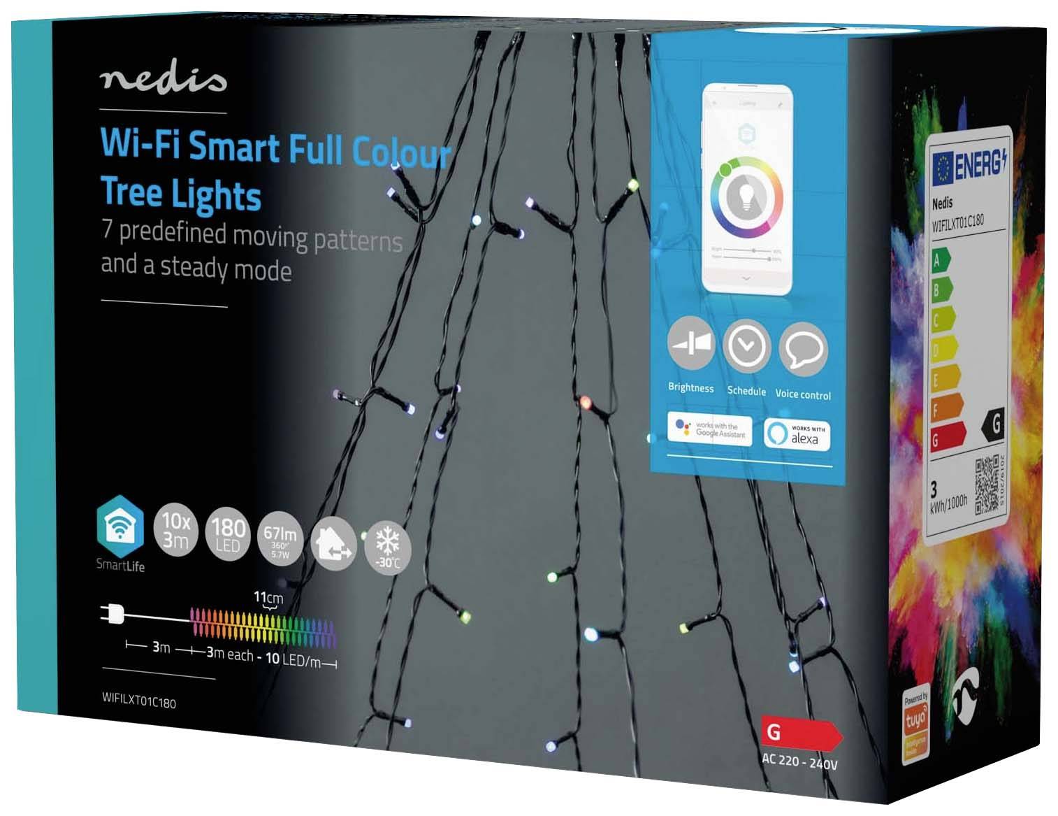 Balení 'Nedis Wi-Fi Smart Full Colour Tree Lights' s 7 světelnými vzory, energetický štítek G, kompatibilní s ovládáním pomocí aplikace.