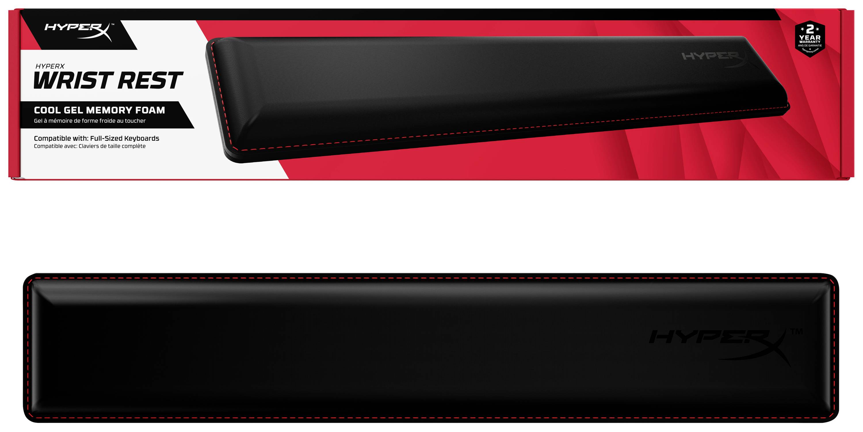 Podložka pod zápěstí od HyperX s chladicí gelovou paměťovou pěnou, černá s červeným švem. Vyvinuta pro mechanické klávesnice v plné velikosti.