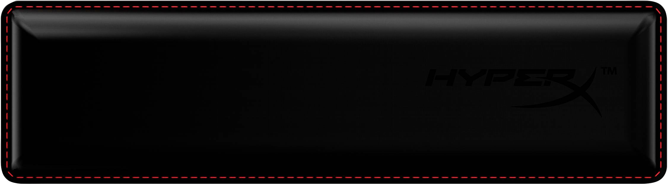 Černá opěrka zápěstí pro klávesnici s červeným švem. Vlevo nápis 'HyperX'.