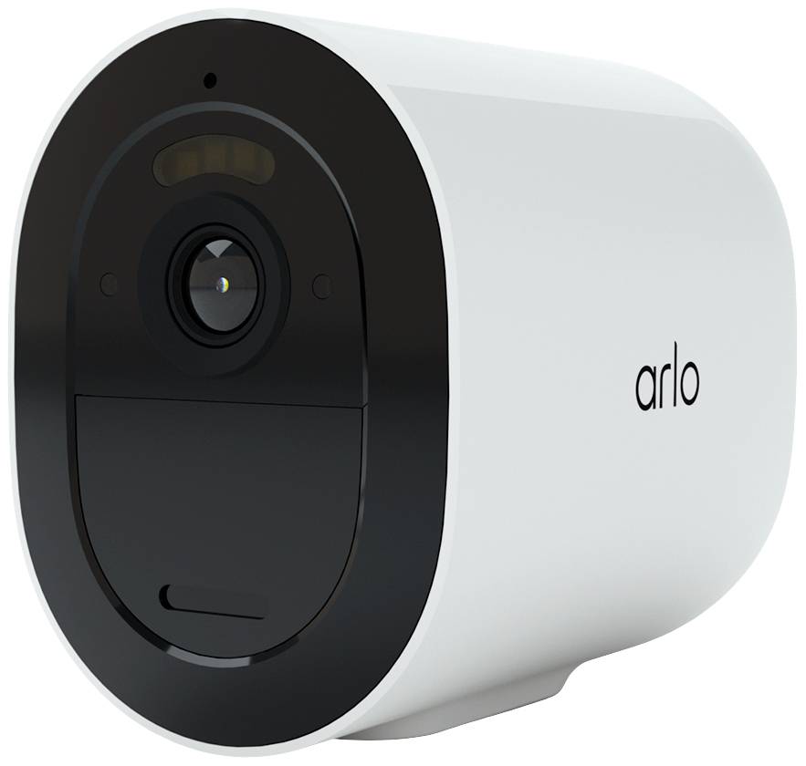 Bezpečnostní kamera Arlo v bílé barvě s černou přední stranou, zobrazující objektiv kamery.