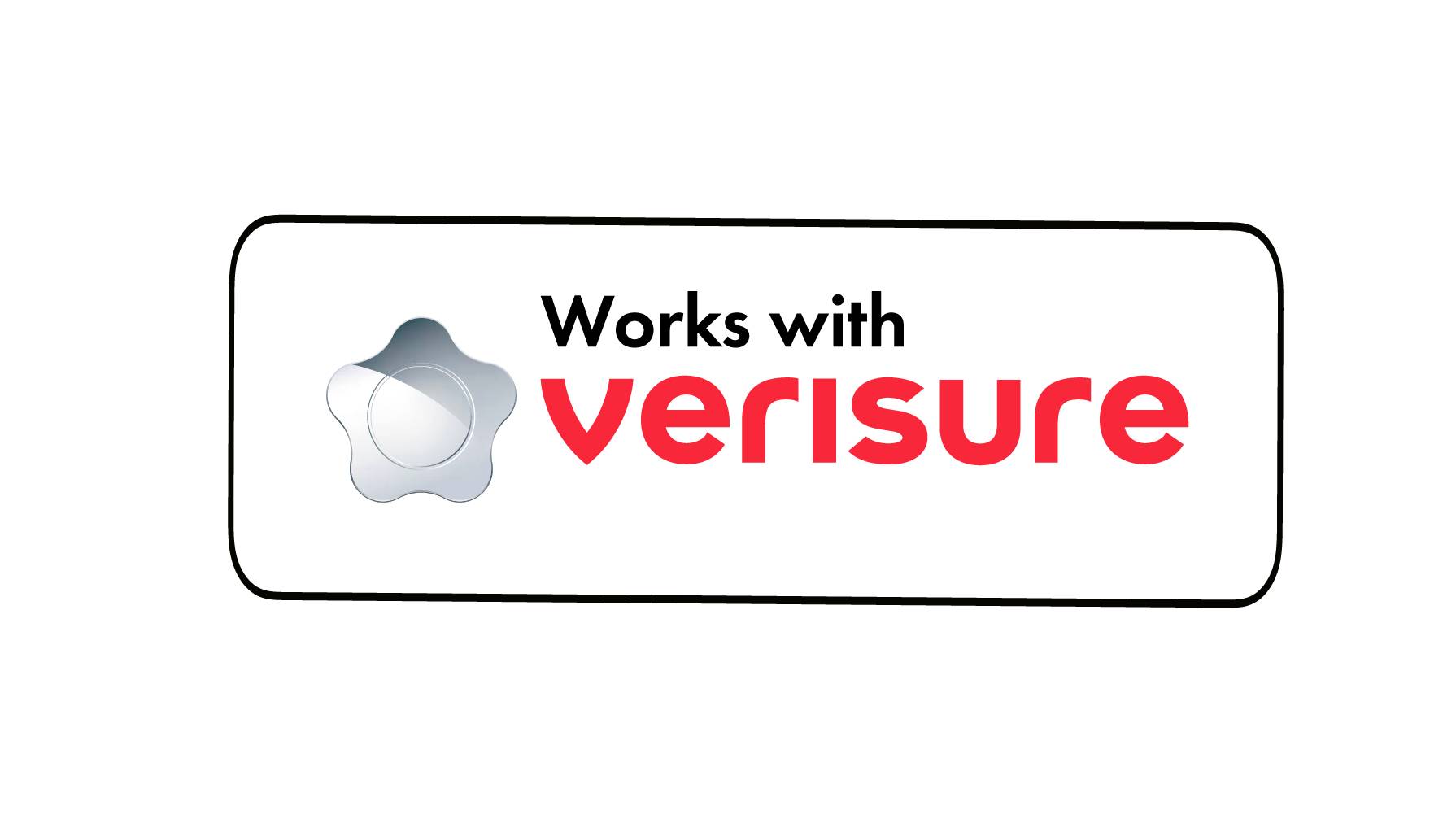 Logo "Funguje s Verisure" s umístěným stylizovaným bezpečnostním symbolem vlevo a textem Verisure v červené barvě.