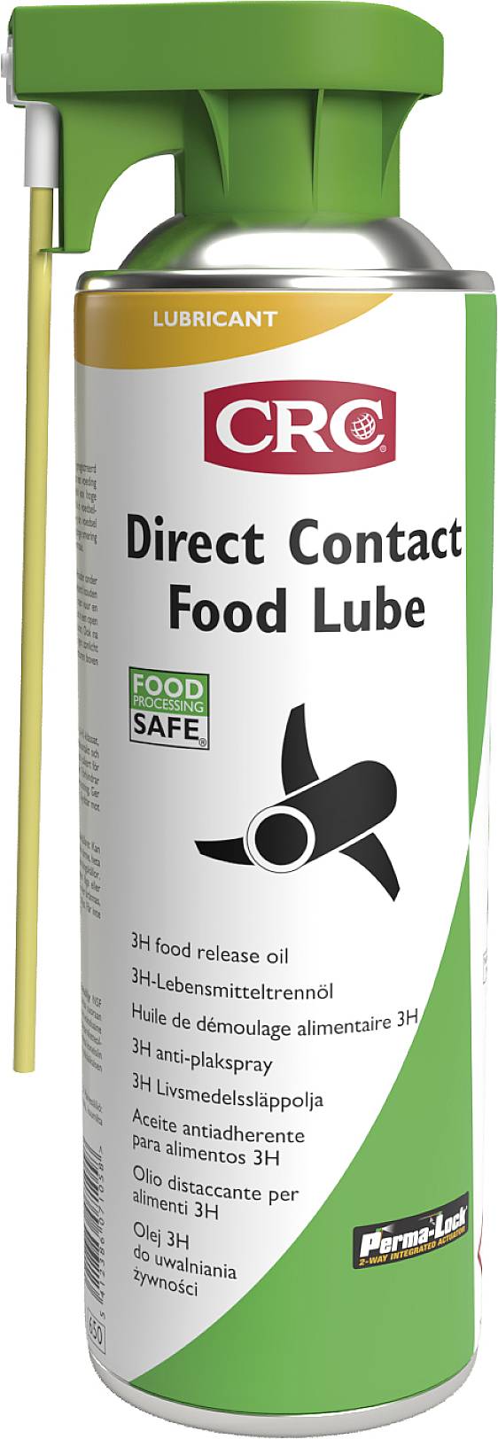 Sprej s nápisem "Direct Contact Food Lube". Mazivo vhodné pro styk s potravinami pro přímý kontakt.
