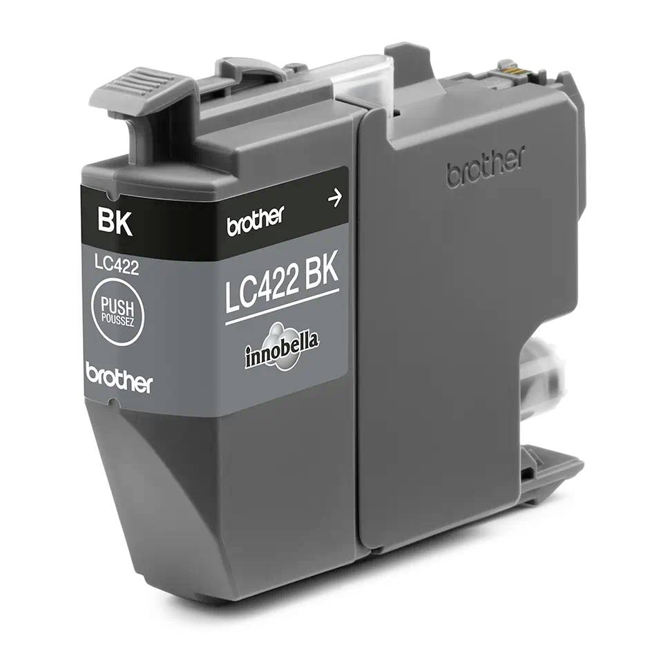 Černá inkoustová kazeta Brothers LC422BK, kompatibilní s konkrétními modely tiskáren. Design v typickém šedém plastovém pouzdře.