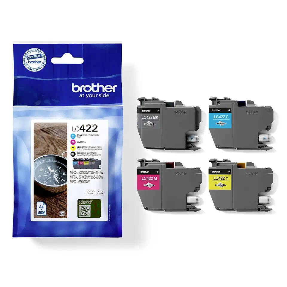 Sada inkoustových cartridgí od Brother, model LC422, sestávající ze čtyř patronek v černé, azurové, purpurové a žluté barvě pro tiskárny.