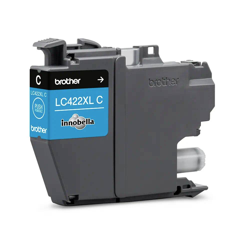 Modrá tisková kazeta značky Brother, model LC422XL C, s plastovým obalem a nápisem 'innobella'.