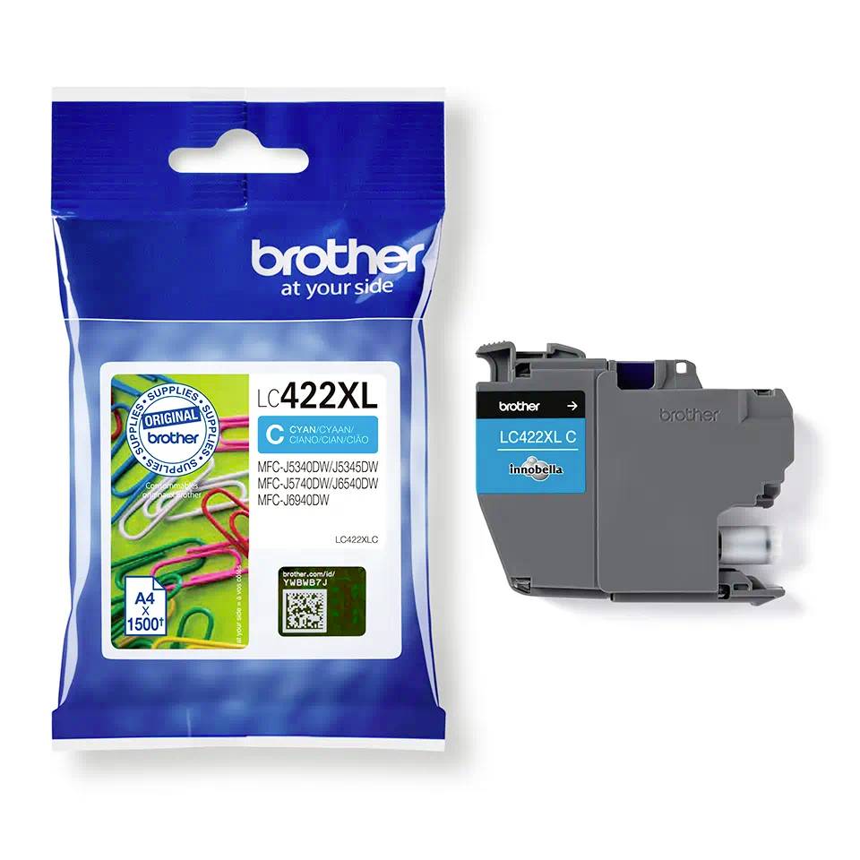 Inkoustová cartridge Brother LC422XL v azurové barvě. Obal zobrazuje kancelářské sponky. Kompatibilní s tiskárnami modelů MFC-J4340DW, J4540DW, J4740DW, J6940DW.