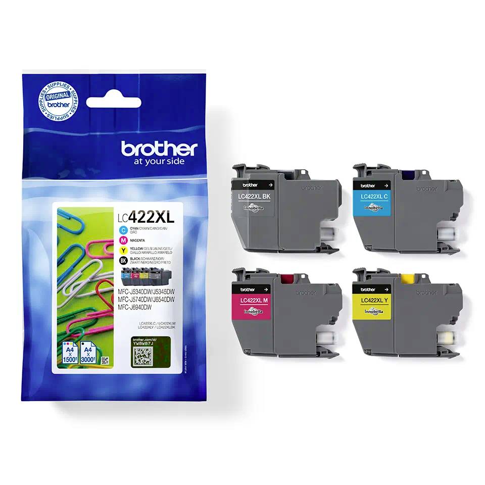 Inkoustové kazety Brother LC422XL v černé, azurové, purpurové a žluté barvě. Balení zobrazuje barevné kancelářské sponky. Vhodné pro specifické tiskové modely Brother.
