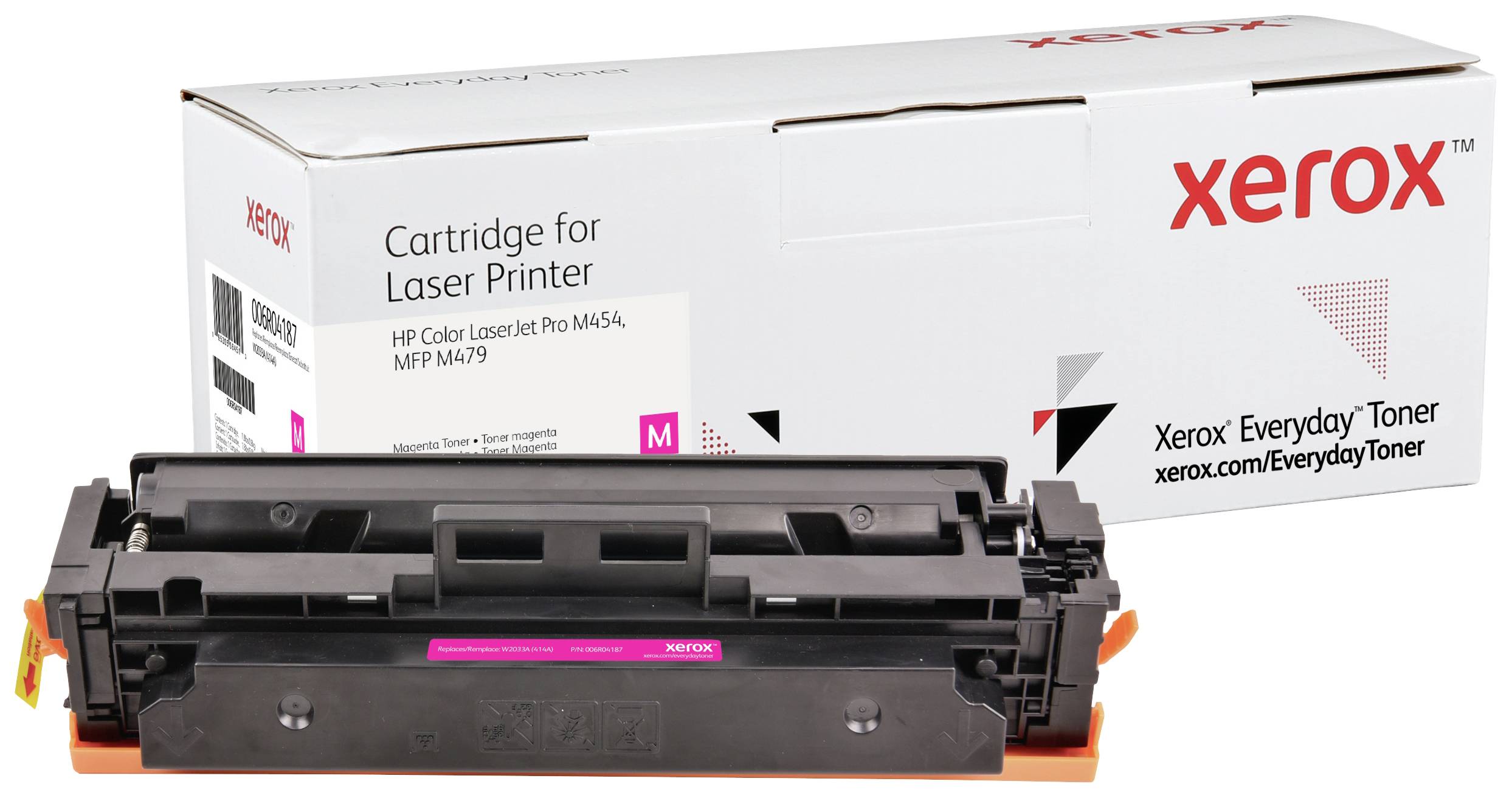 Tonerová kazeta Xerox pro HP Color LaserJet Pro M454, vpředu černá kazeta, v pozadí bílá papírová krabice s červeným logem 'Xerox'.