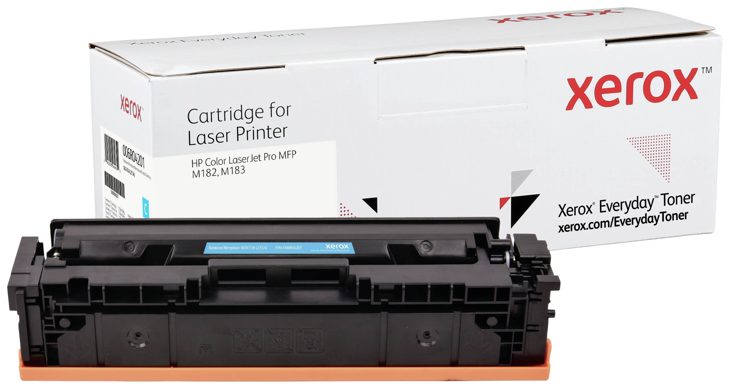 Tonerová kazeta před obalem s nápisem 'xerox' červeným písmem. Obal ukazuje kompatibilitu s 'HP Color LaserJet Pro MFP M182, M183'.