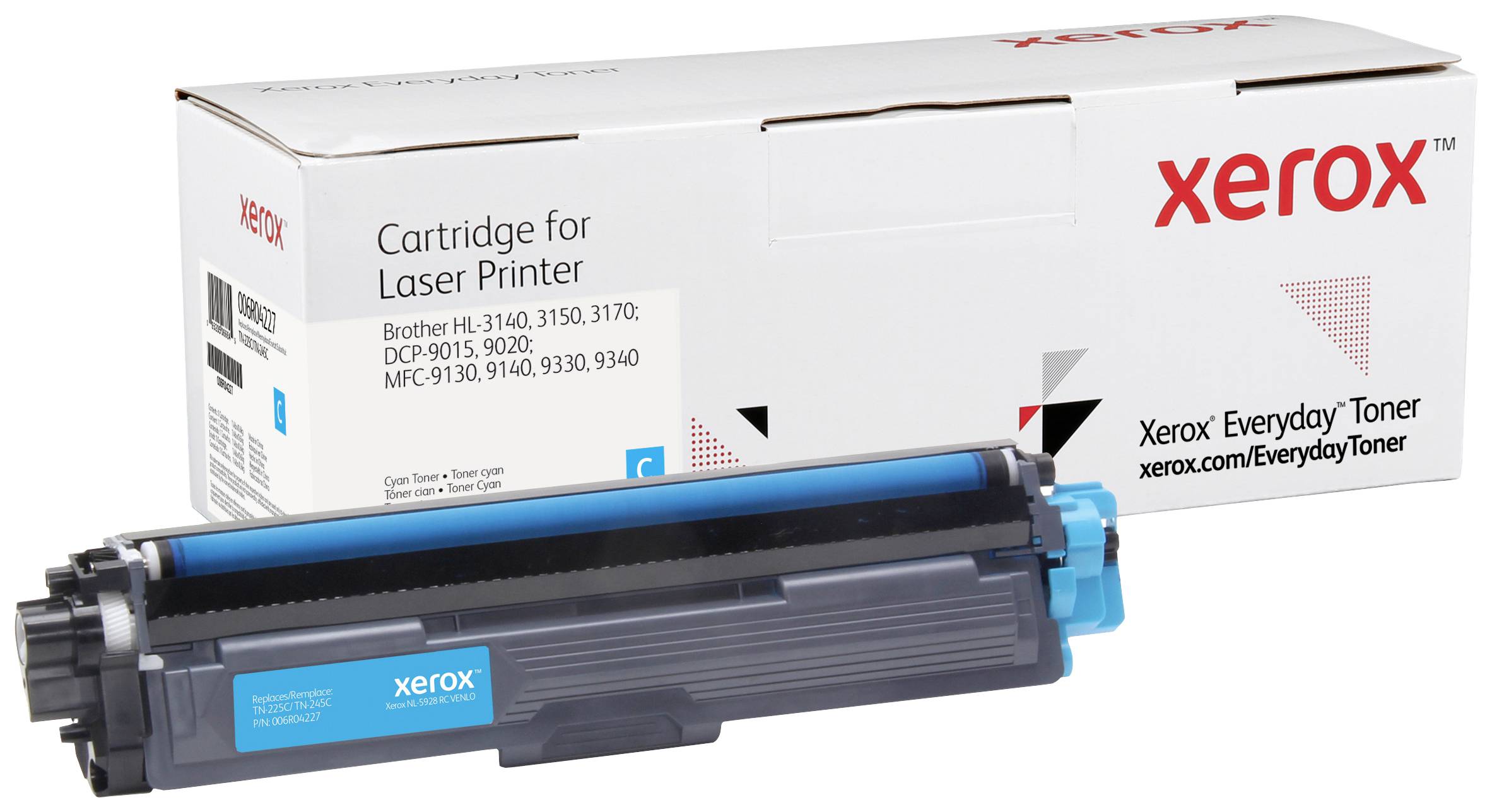 Tonerová kazeta a obal pro laserové tiskárny Xerox. Kompatibilní s různými modely; zdůrazňuje prémiovou kvalitu značky a všestrannost.
