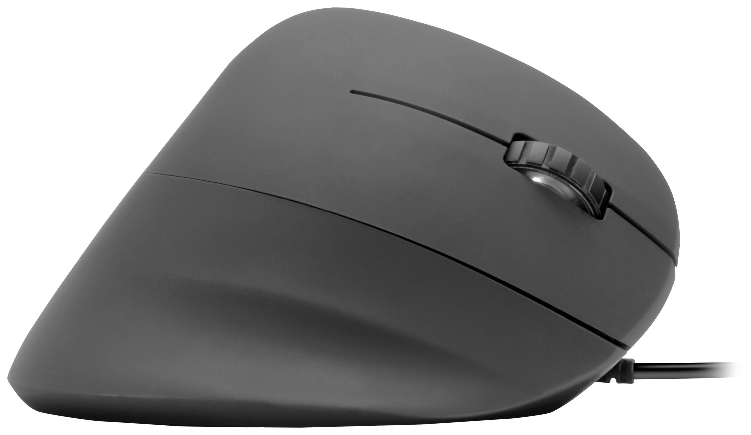 Ergonomická vertikální počítačová myš z černého plastu, pohled z boku se zobrazeným kolečkem pro scrollování a tlačítky. Ideální pro snížení zátěže zápěstí.