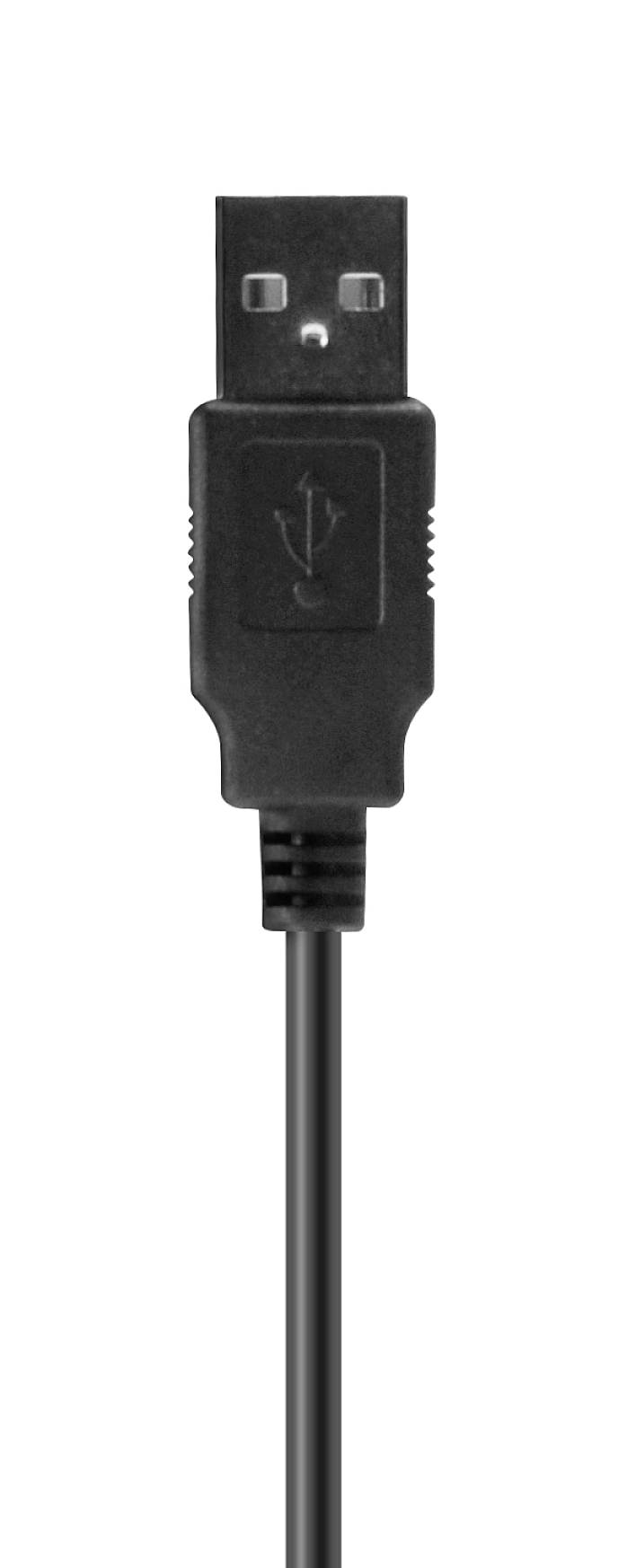 Černý USB kabel s pravoúhlou koncovkou a logem USB uprostřed, izolovaný na bílém pozadí.
