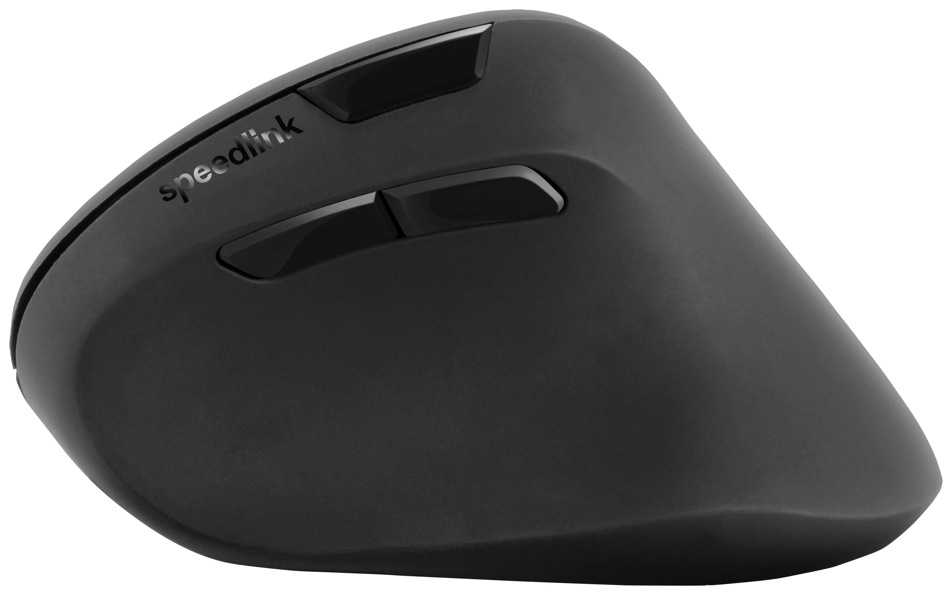Černošedá ergonomická počítačová myš ve vertikální poloze se třemi viditelnými tlačítky. Navržena pro pohodlné uchopení rukou.