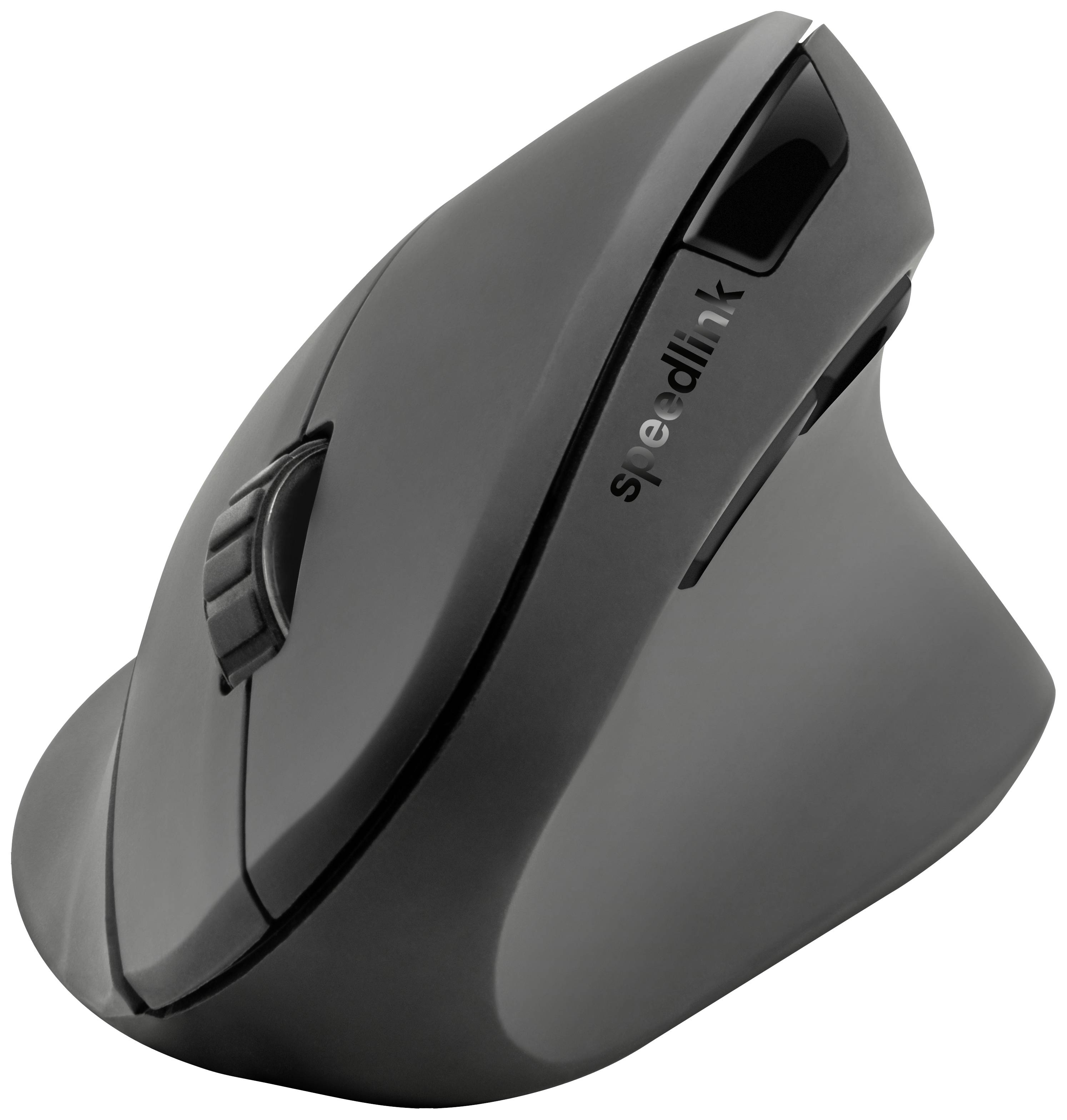 Ergonomická vertikální počítačová myš, černá, s kolečkem pro posun a dvěma tlačítky. Design zaměřený na odlehčení ruky a zlepšení ovládání.