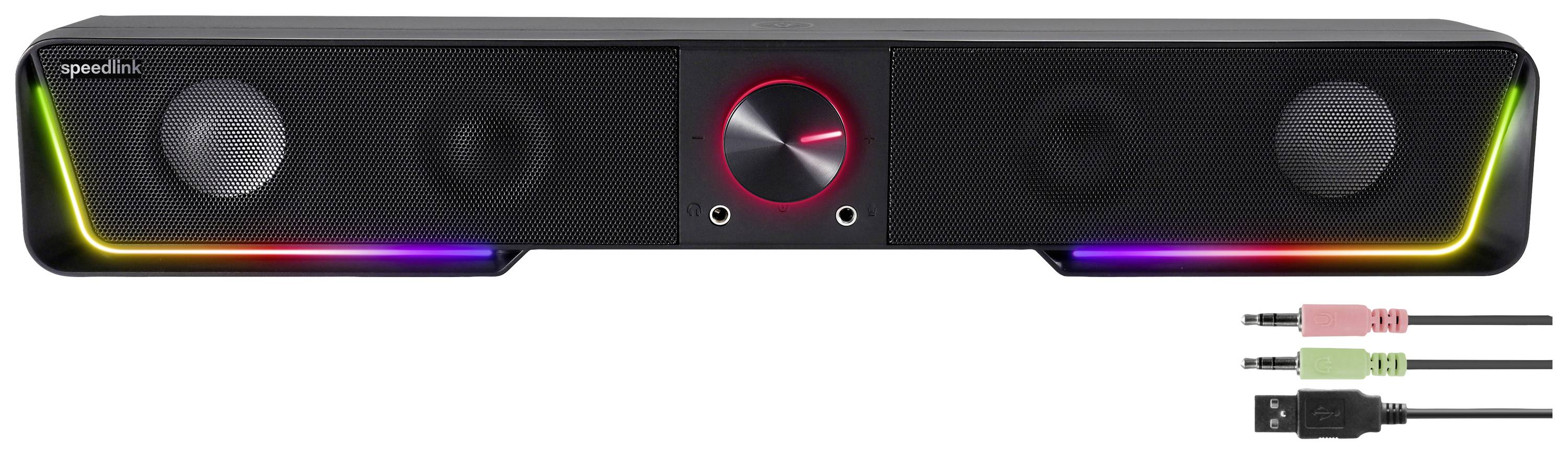 Černý soundbar s LED osvětlením po stranách a centrálním ovladačem hlasitosti. Vpravo jsou zobrazeny audio kabel a USB kabel.